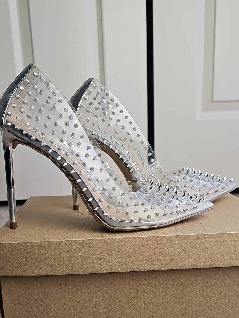 Clear Spike-Embellished Pointed Toe Stiletto Heels - Silver